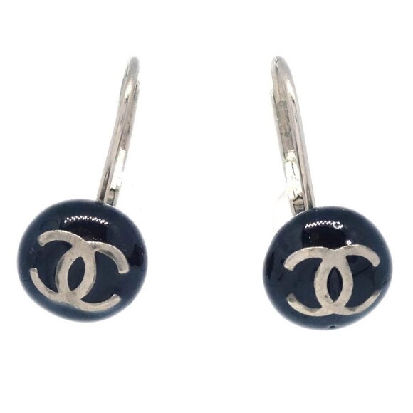 Chanel Button Piercing Earrings Black Silver - Picture 1 of 5